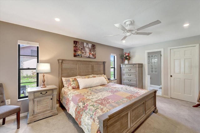 1515 Pecan St, Nokomis, FL 34275 - bedroom featuring light carpet, recessed lighting, baseboards, and a ceiling fan