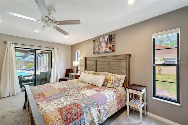 1515 Pecan St, Nokomis, FL 34275 - bedroom with light carpet, access to exterior, baseboards, ceiling fan, and recessed lighting