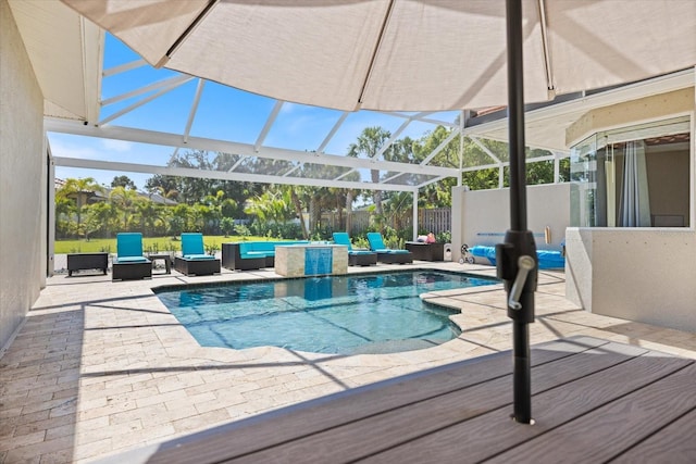 2322 Bayshore Rd, Nokomis, FL 34275 - view of swimming pool with an outdoor living space, a patio, and glass enclosure