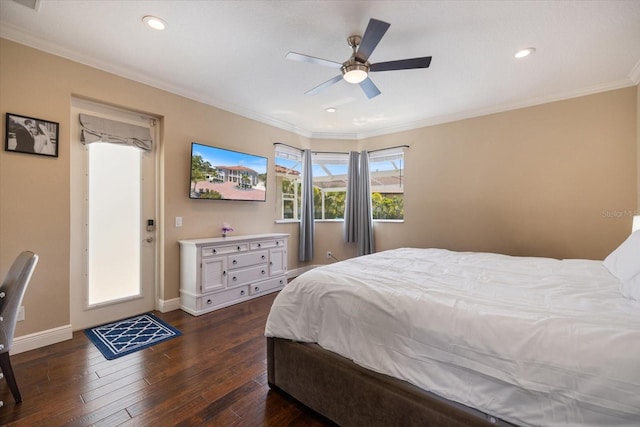 2322 Bayshore Rd, Nokomis, FL 34275 - bedroom with crown molding, baseboards, dark wood finished floors, recessed lighting, and ceiling fan