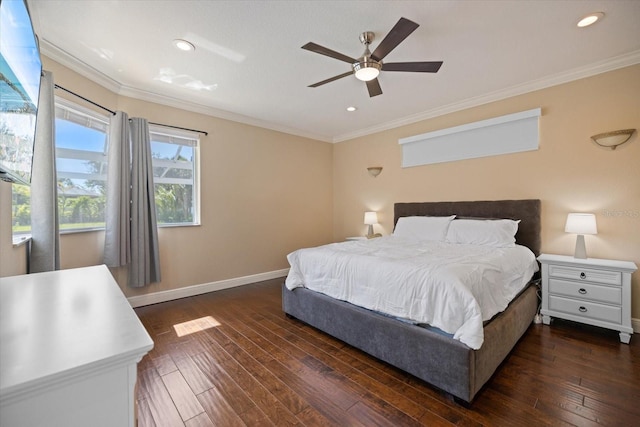 2322 Bayshore Rd, Nokomis, FL 34275 - bedroom with dark wood-style floors, baseboards, crown molding, recessed lighting, and a ceiling fan