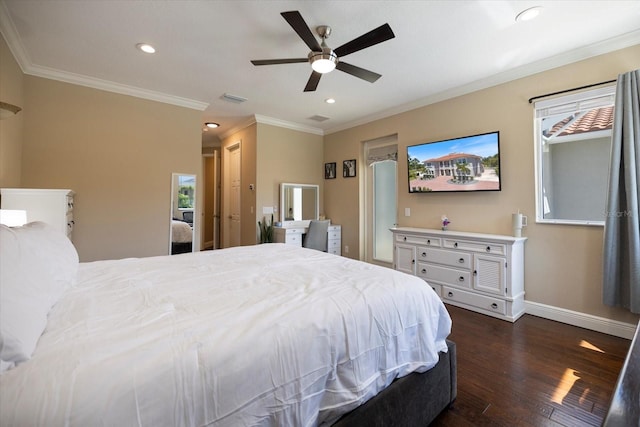 2322 Bayshore Rd, Nokomis, FL 34275 - bedroom with baseboards, dark wood finished floors, crown molding, recessed lighting, and a ceiling fan