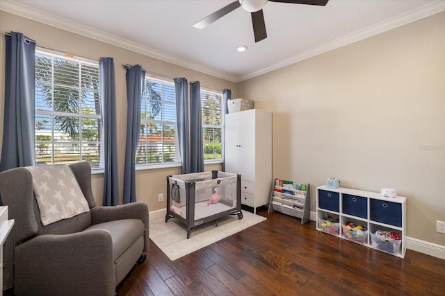 2322 Bayshore Rd, Nokomis, FL 34275 - living area with hardwood / wood-style flooring, ceiling fan, crown molding, healthy amount of natural light, and baseboards