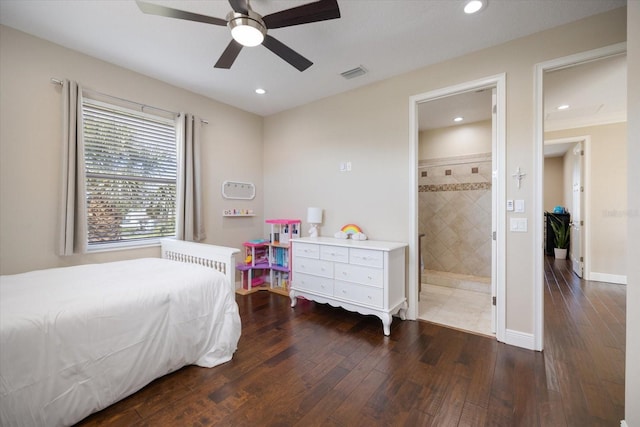 2322 Bayshore Rd, Nokomis, FL 34275 - bedroom featuring dark wood-style flooring, recessed lighting, connected bathroom, a ceiling fan, and baseboards