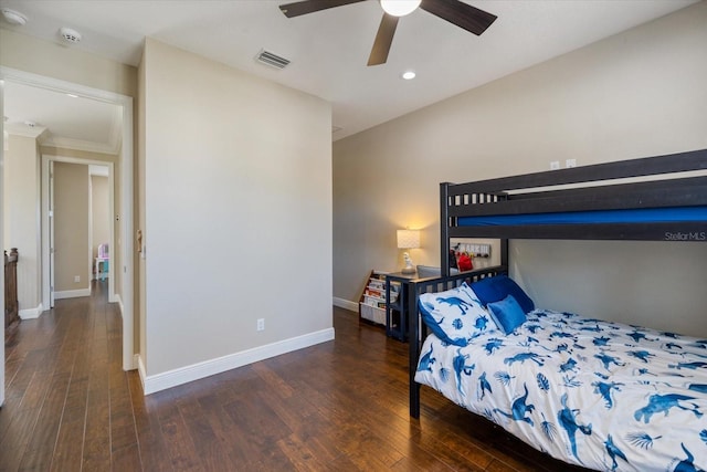 2322 Bayshore Rd, Nokomis, FL 34275 - bedroom featuring hardwood / wood-style floors, baseboards, recessed lighting, crown molding, and a ceiling fan