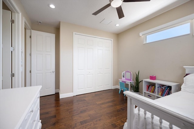 2322 Bayshore Rd, Nokomis, FL 34275 - bedroom featuring dark wood-style floors, a closet, recessed lighting, a ceiling fan, and baseboards