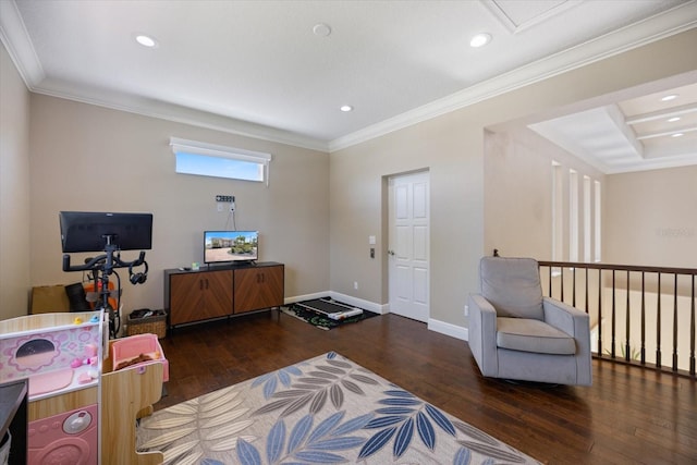 2322 Bayshore Rd, Nokomis, FL 34275 - living area featuring hardwood / wood-style flooring, crown molding, baseboards, and recessed lighting