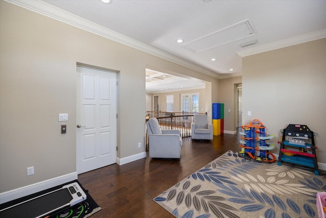 2322 Bayshore Rd, Nokomis, FL 34275 - bedroom featuring attic access, ornamental molding, wood-type flooring, recessed lighting, and baseboards