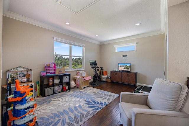 2322 Bayshore Rd, Nokomis, FL 34275 - rec room featuring hardwood / wood-style flooring, crown molding, and recessed lighting