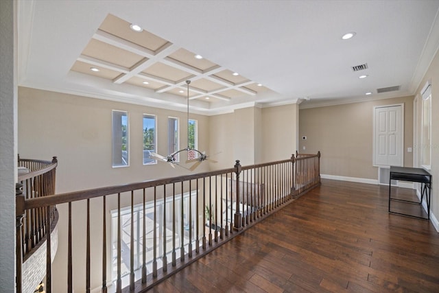2322 Bayshore Rd, Nokomis, FL 34275 - corridor with hardwood / wood-style flooring, recessed lighting, crown molding, beam ceiling, and coffered ceiling