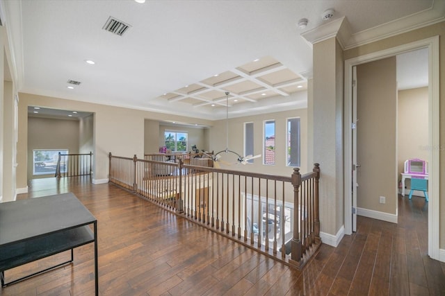 2322 Bayshore Rd, Nokomis, FL 34275 - corridor featuring coffered ceiling, an upstairs landing, hardwood / wood-style floors, baseboards, and recessed lighting