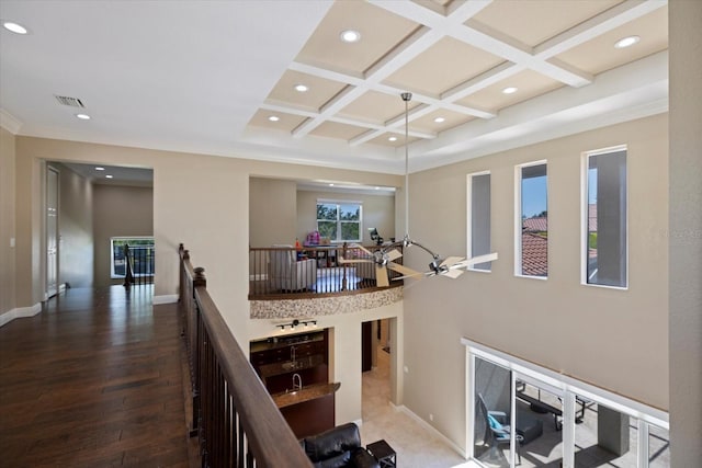 2322 Bayshore Rd, Nokomis, FL 34275 - staircase featuring coffered ceiling, recessed lighting, beam ceiling, wood finished floors, and baseboards