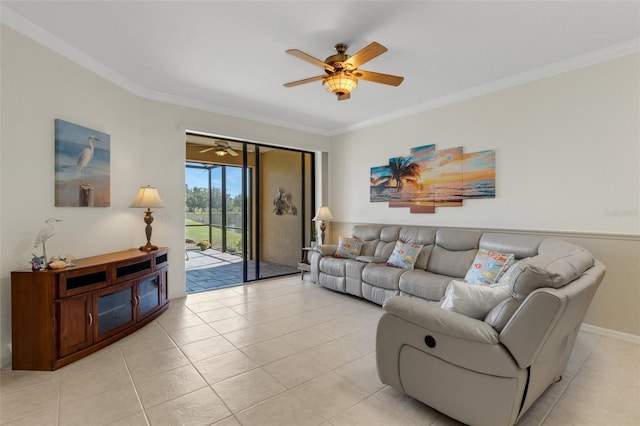 2104 Batello Dr, Venice, FL 34292 - living room with ceiling fan, crown molding, and light tile patterned flooring
