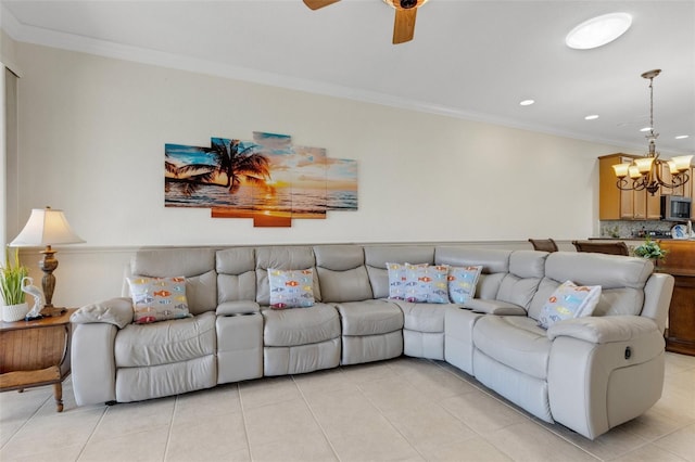 2104 Batello Dr, Venice, FL 34292 - living area featuring a chandelier, light tile patterned flooring, crown molding, recessed lighting, and ceiling fan