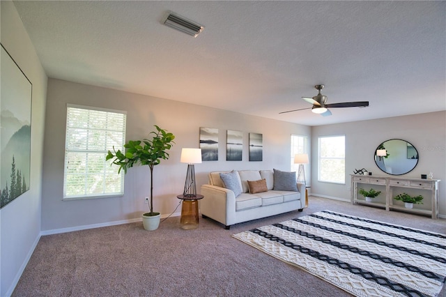 8209 Snowy Egret Pl, Bradenton, FL 34202 - living room with carpet, baseboards, ceiling fan, and a textured ceiling