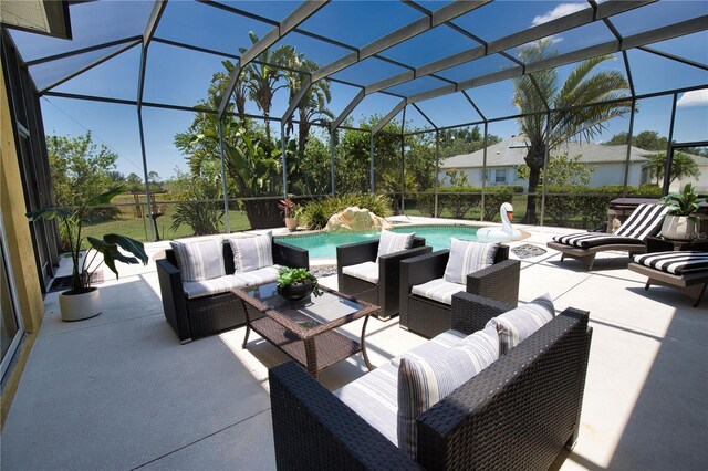 8209 Snowy Egret Pl, Bradenton, FL 34202 - view of patio with an outdoor hangout area, an outdoor pool, and glass enclosure