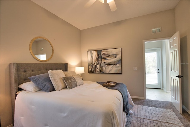 8209 Snowy Egret Pl, Bradenton, FL 34202 - carpeted bedroom with lofted ceiling, baseboards, and ceiling fan