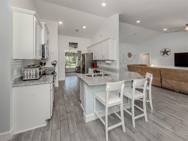 460 Bard Rd, Venice, FL 34293 - kitchen with a sink, stainless steel appliances, light wood-style flooring, open floor plan, and vaulted ceiling