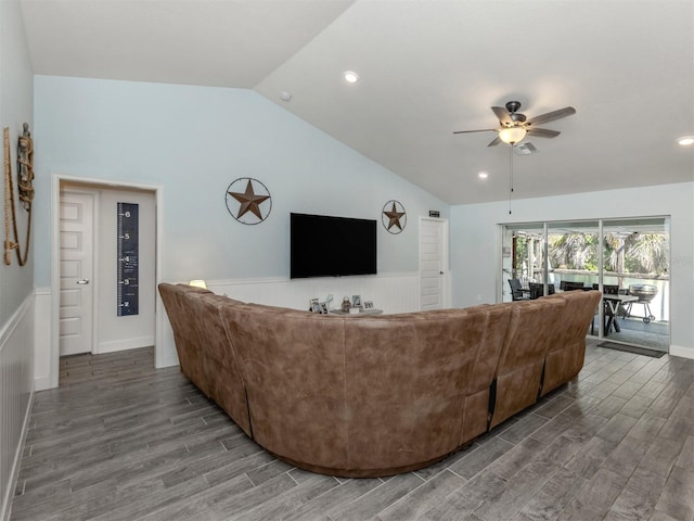 460 Bard Rd, Venice, FL 34293 - living room with wood finished floors, vaulted ceiling, a ceiling fan, wainscoting, and recessed lighting