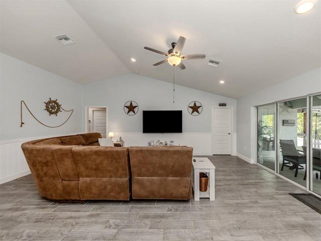 460 Bard Rd, Venice, FL 34293 - living area with vaulted ceiling, ceiling fan, light wood-style flooring, a wainscoted wall, and recessed lighting