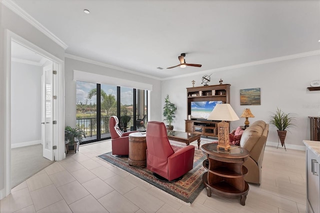 209 E Venice Ave, Venice, FL 34285 - living room featuring ceiling fan, baseboards, and crown molding