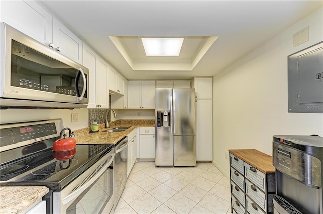 618 Bird Bay Dr S Unit 110, Venice, FL 34285 - kitchen featuring appliances with stainless steel finishes, a sink, electric panel, a raised ceiling, and white cabinetry