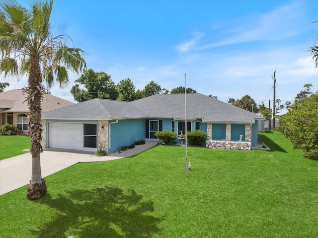 9277 Saint Catherine Ave, Englewood, FL 34224 - ranch-style house featuring stone siding, concrete driveway, a garage, and a front yard