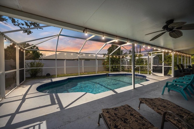9277 Saint Catherine Ave, Englewood, FL 34224 - view of pool with a patio, a ceiling fan, a fenced backyard, and a lanai