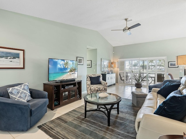114 Southampton Pl N Unit 237, Venice, FL 34293 - tiled living area with a ceiling fan and high vaulted ceiling