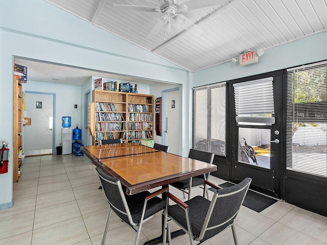 114 Southampton Pl N Unit 237, Venice, FL 34293 - dining area featuring light tile patterned flooring, ceiling fan, and vaulted ceiling