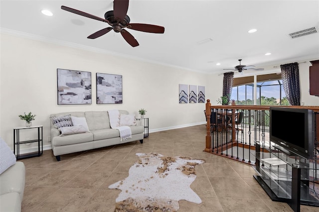 186 Portofino Dr, Nokomis, FL 34275 - tiled living room featuring a ceiling fan, crown molding, baseboards, and recessed lighting