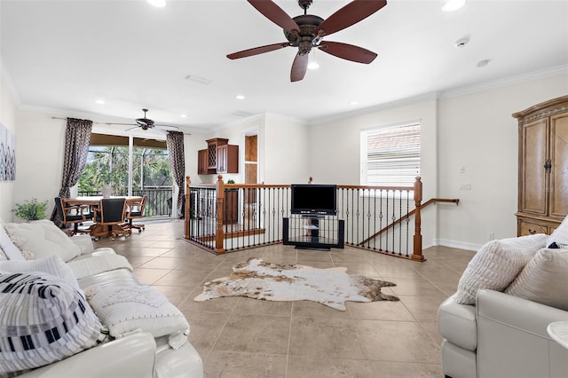 186 Portofino Dr, Nokomis, FL 34275 - living room featuring a ceiling fan, recessed lighting, light tile patterned flooring, ornamental molding, and baseboards