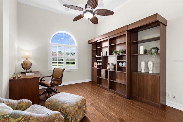 186 Portofino Dr, Nokomis, FL 34275 - office space with wood finished floors, ornamental molding, baseboards, and ceiling fan