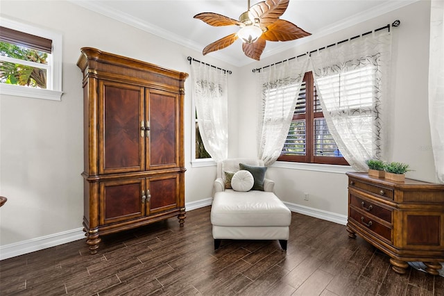 186 Portofino Dr, Nokomis, FL 34275 - living area featuring ceiling fan, dark wood-type flooring, ornamental molding, and baseboards