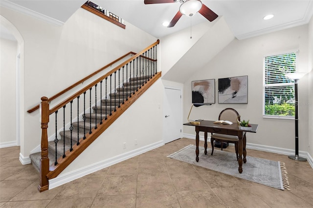 186 Portofino Dr, Nokomis, FL 34275 - tiled office featuring ceiling fan, arched walkways, baseboards, recessed lighting, and ornamental molding