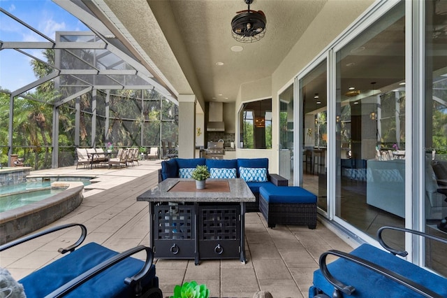 186 Portofino Dr, Nokomis, FL 34275 - view of patio / terrace with an in-ground hot tub, outdoor lounge area, and glass enclosure