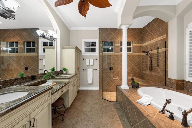 186 Portofino Dr, Nokomis, FL 34275 - bathroom with double vanity, a bath, a walk in shower, ornamental molding, and tile patterned floors