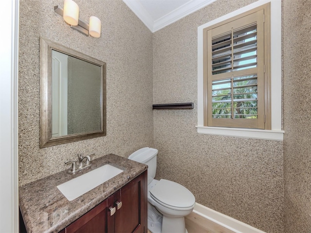 333 Sunrise Dr, Nokomis, FL 34275 - half bathroom with ornamental molding, vanity, and toilet