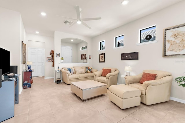 13486 Nobilio St, Venice, FL 34293 - living area featuring ceiling fan, recessed lighting, and light tile patterned flooring