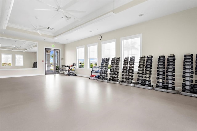 13486 Nobilio St, Venice, FL 34293 - workout area featuring a ceiling fan and a tray ceiling