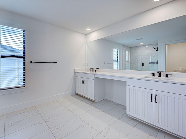 12705 Pinnacle Ln, Venice, FL 34293 - full bathroom with marble finish flooring, double vanity, a marble finish shower, baseboards, and recessed lighting