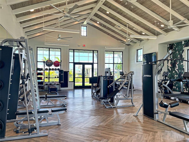 12705 Pinnacle Ln, Venice, FL 34293 - workout area with high vaulted ceiling, plenty of natural light, beam ceiling, ceiling fan, and baseboards