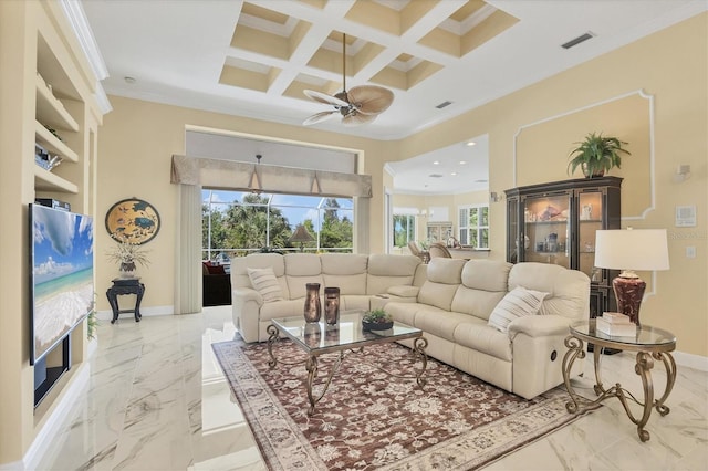 5018 Bella Terra Dr, Venice, FL 34293 - living area with marble finish flooring, crown molding, ceiling fan, coffered ceiling, and beamed ceiling