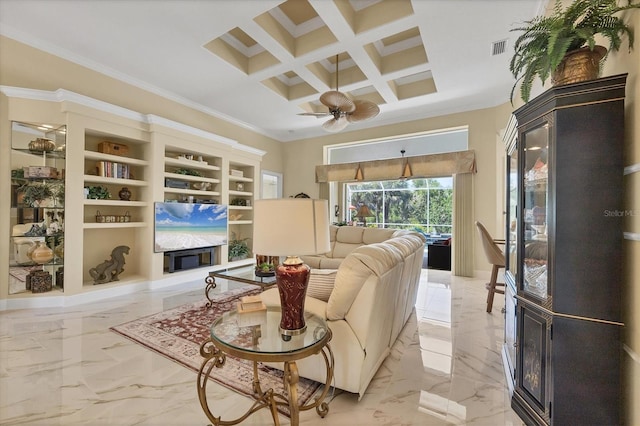 5018 Bella Terra Dr, Venice, FL 34293 - living room with light marble finish flooring, ornamental molding, coffered ceiling, beam ceiling, and ceiling fan