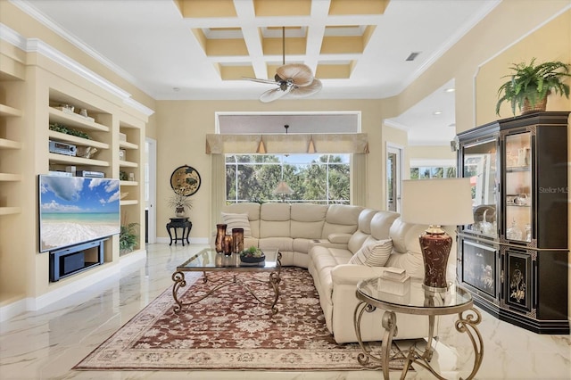 5018 Bella Terra Dr, Venice, FL 34293 - living room featuring ornamental molding, coffered ceiling, marble finish flooring, and beam ceiling
