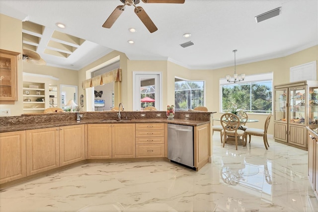 5018 Bella Terra Dr, Venice, FL 34293 - kitchen featuring dishwasher, ornamental molding, recessed lighting, dark stone counters, and ceiling fan