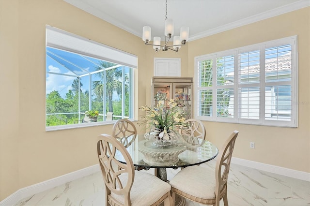 5018 Bella Terra Dr, Venice, FL 34293 - dining area featuring marble finish flooring, crown molding, a chandelier, and healthy amount of natural light