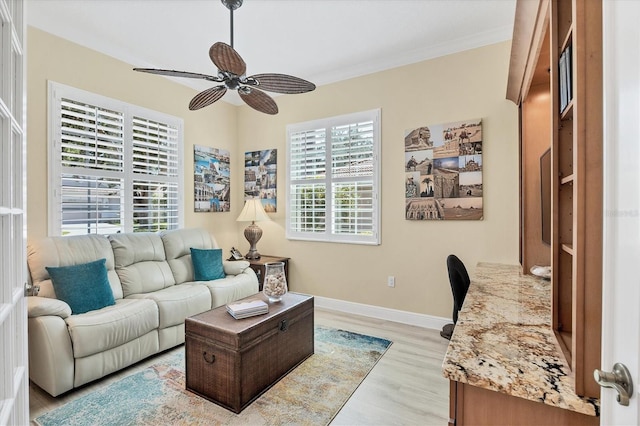 5018 Bella Terra Dr, Venice, FL 34293 - living room with ceiling fan, light wood-style flooring, and crown molding
