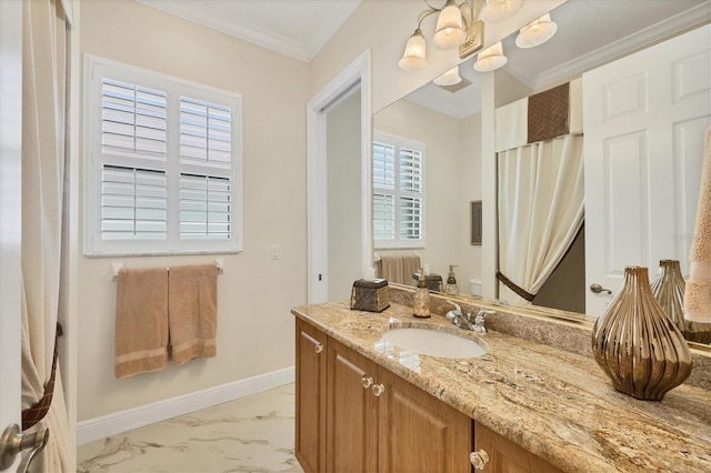 5018 Bella Terra Dr, Venice, FL 34293 - full bathroom with vanity, marble look tiles, ornamental molding, and curtained shower