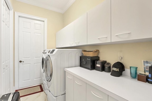 5018 Bella Terra Dr, Venice, FL 34293 - washroom featuring cabinet space, independent washer and dryer, crown molding, and light marble finish flooring